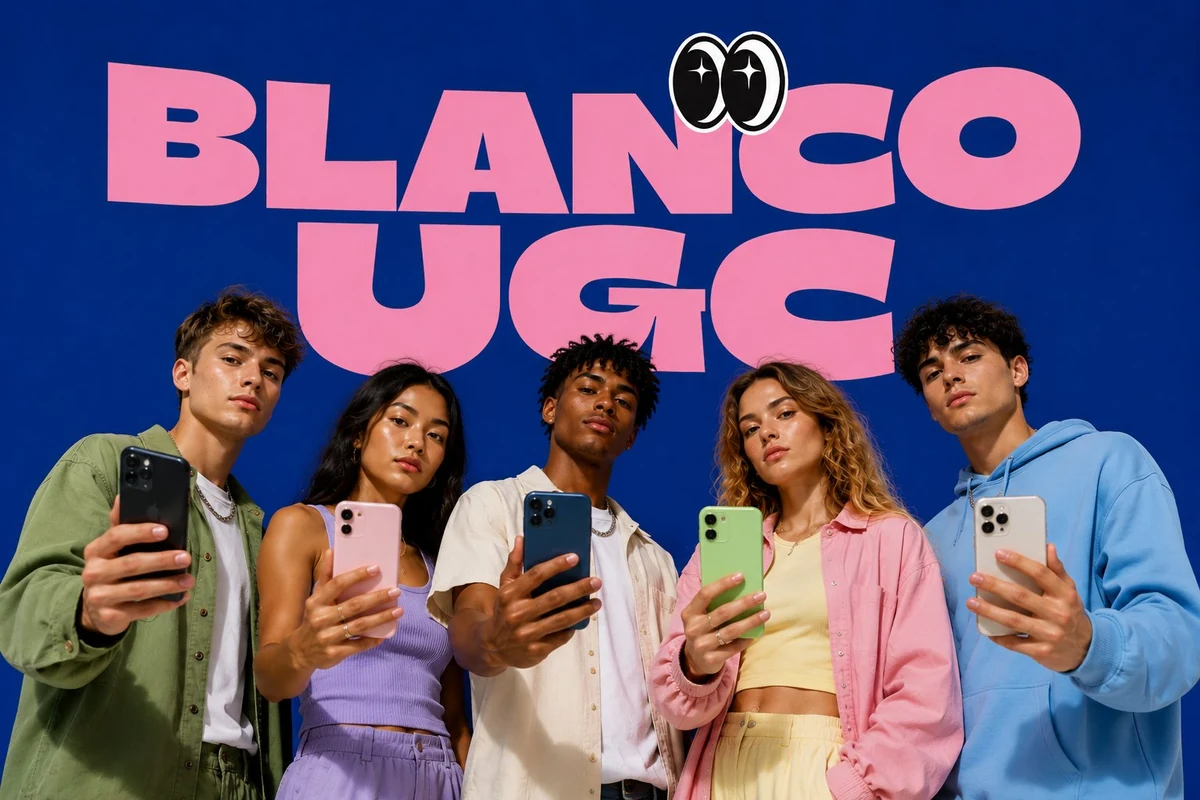Blanco UGC creators holding phones in front of a blue Blanco UGC backdrop